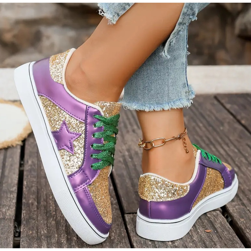 Mardi Gras Glittery Gold & Purple Star Sneakers with Glitter Green Shoestrings - Picture 4 of 5